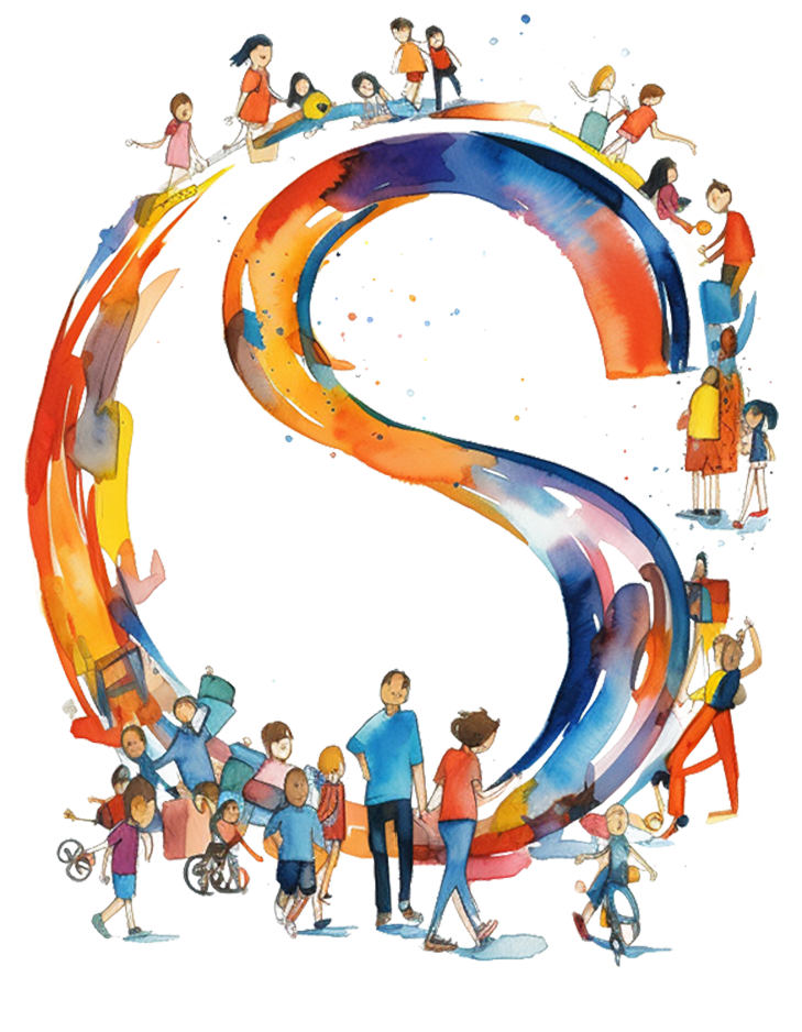 Ein buntes Bild mit Eltern und Kindern die entlang eines Weges gehen, der sich zu einem O und S formt, für Osnabrück.